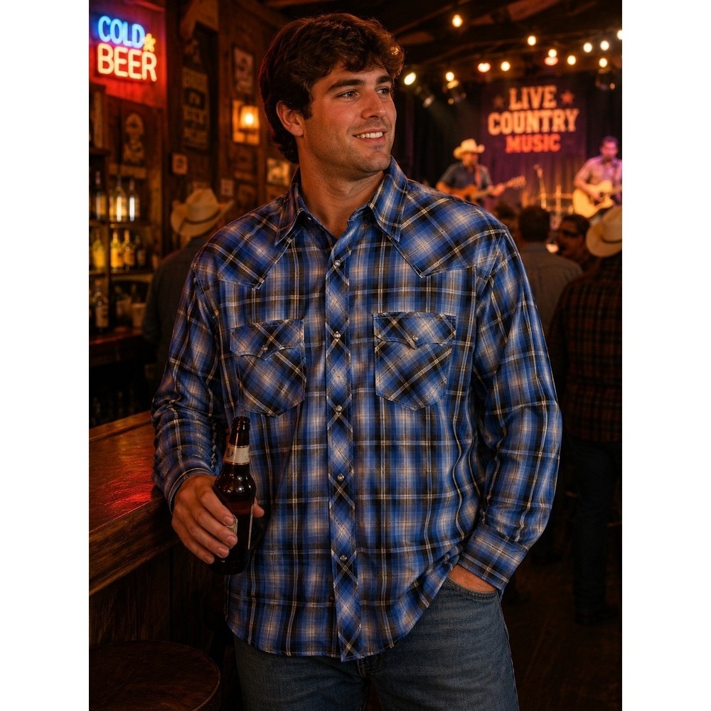 WRANGLER Men's XXL Blue Black Western Cowboy Long Sleeve Pearl Snap Shirt -743